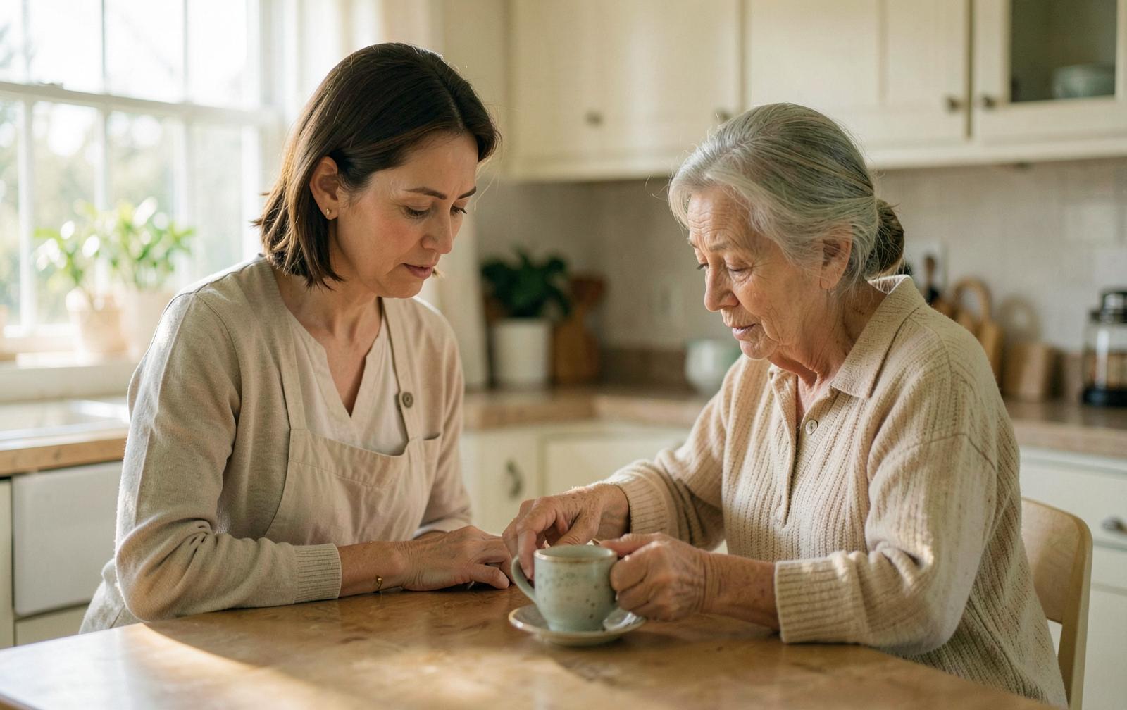 A calm caregiver waiting patiently beside an older woman reaching for a cup of tea in soft sunlit kitchen light